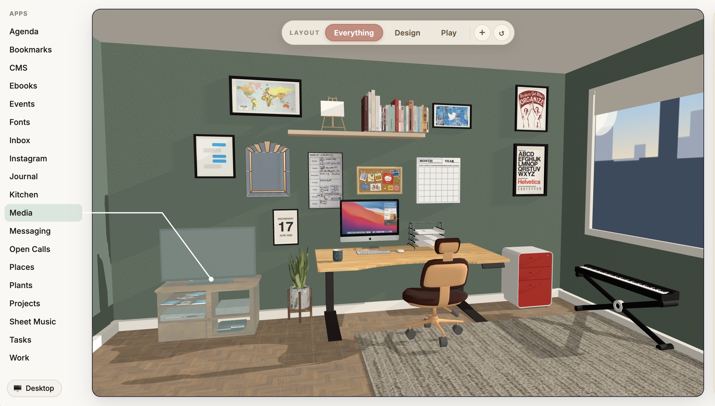 The Misen room sitting on the desktop, with the app sidebar and layout controls