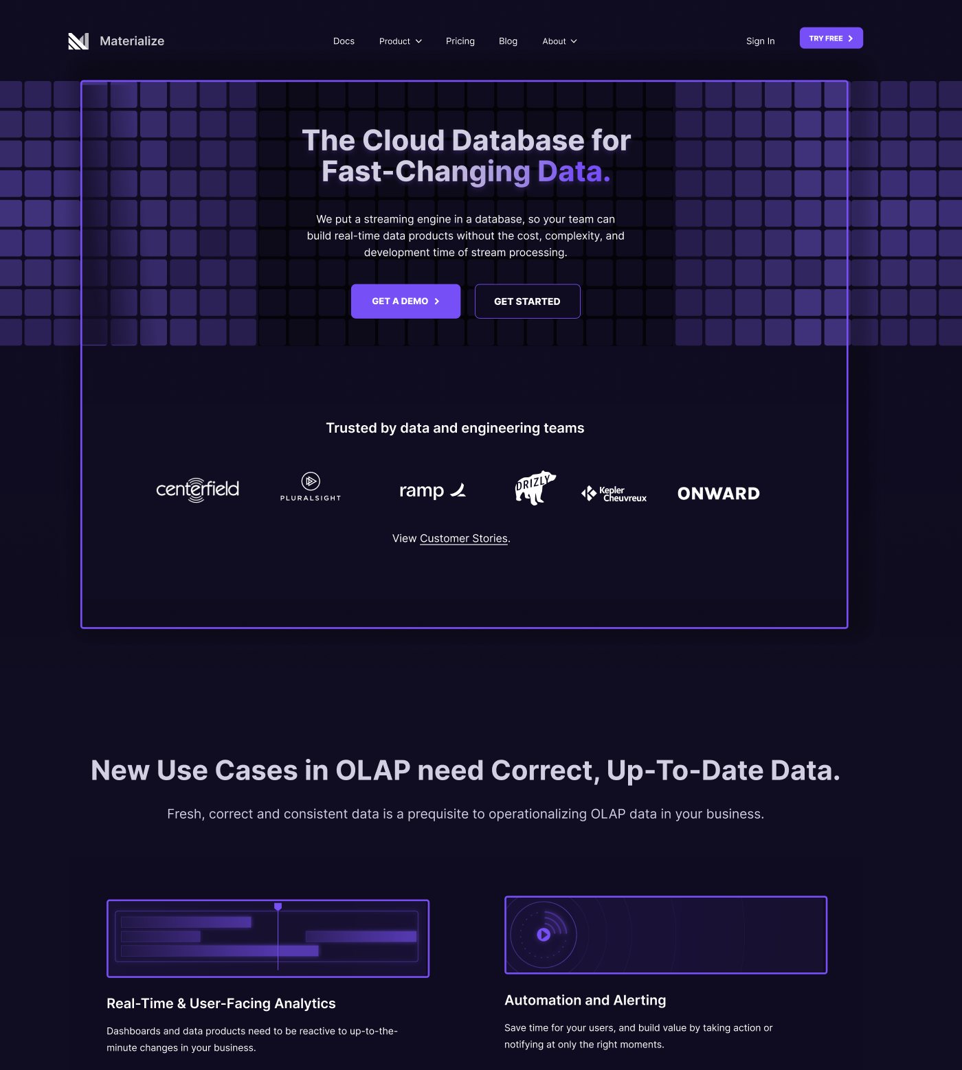 The Materialize homepage on a dark purple grid, headlined The Cloud Database for Fast-Changing Data.