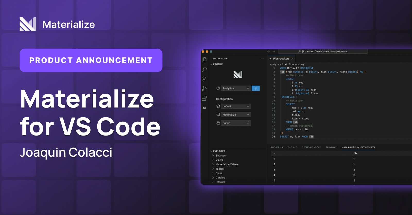 A purple announcement graphic reading Materialize for VS Code, beside a screenshot of the editor extension.