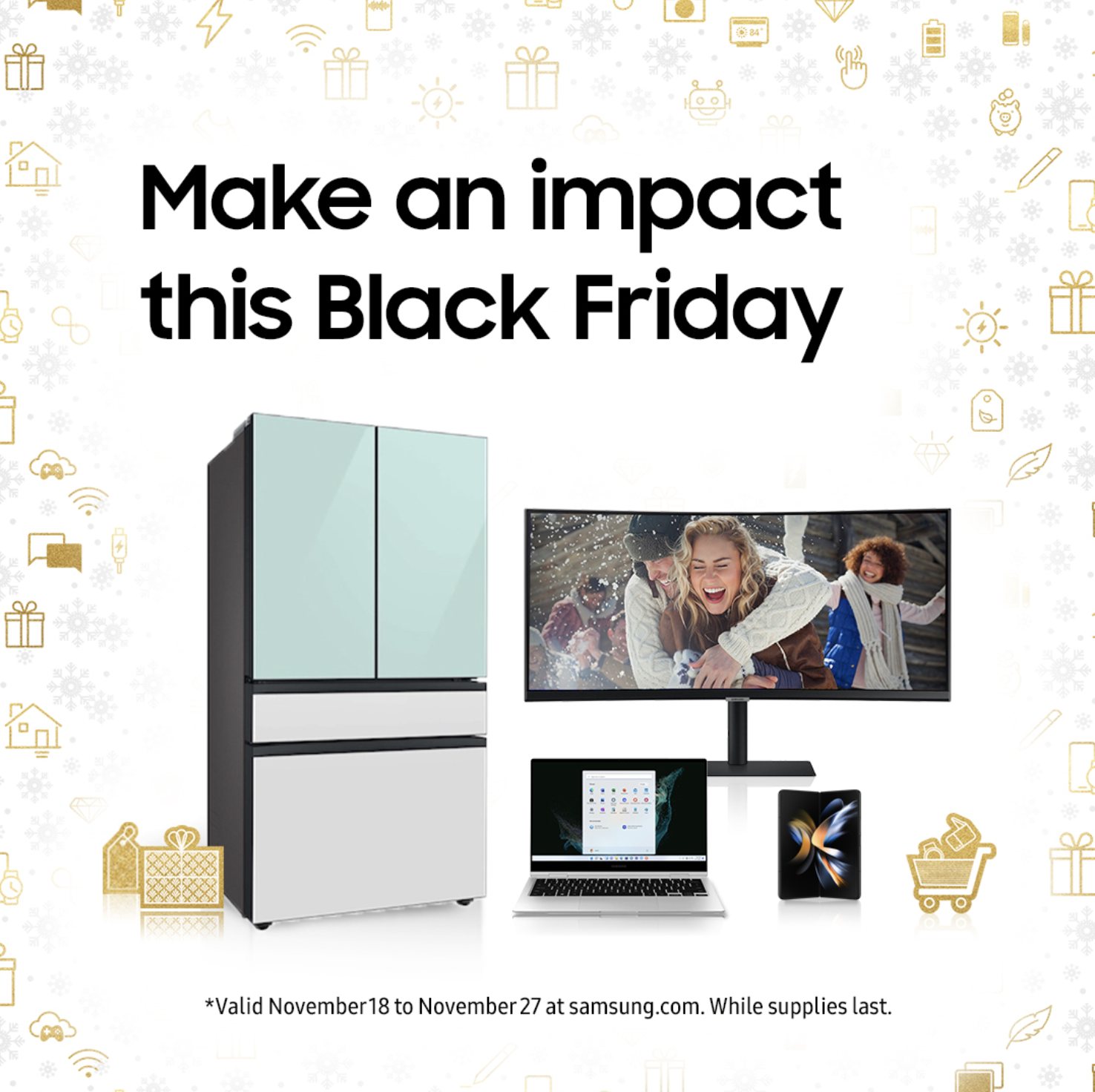 A white graphic with a pastel refrigerator, a monitor and a laptop, headlined Make an impact this Black Friday.