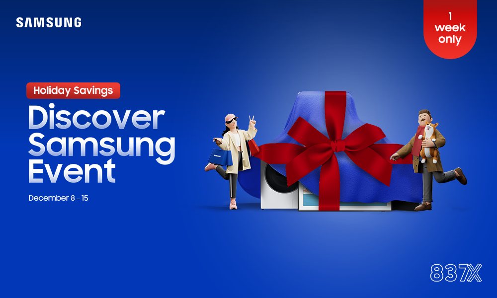 A blue banner for the Discover Samsung Event: Holiday Savings, with a gift ribbon wrapped around appliances and two illustrated figures.