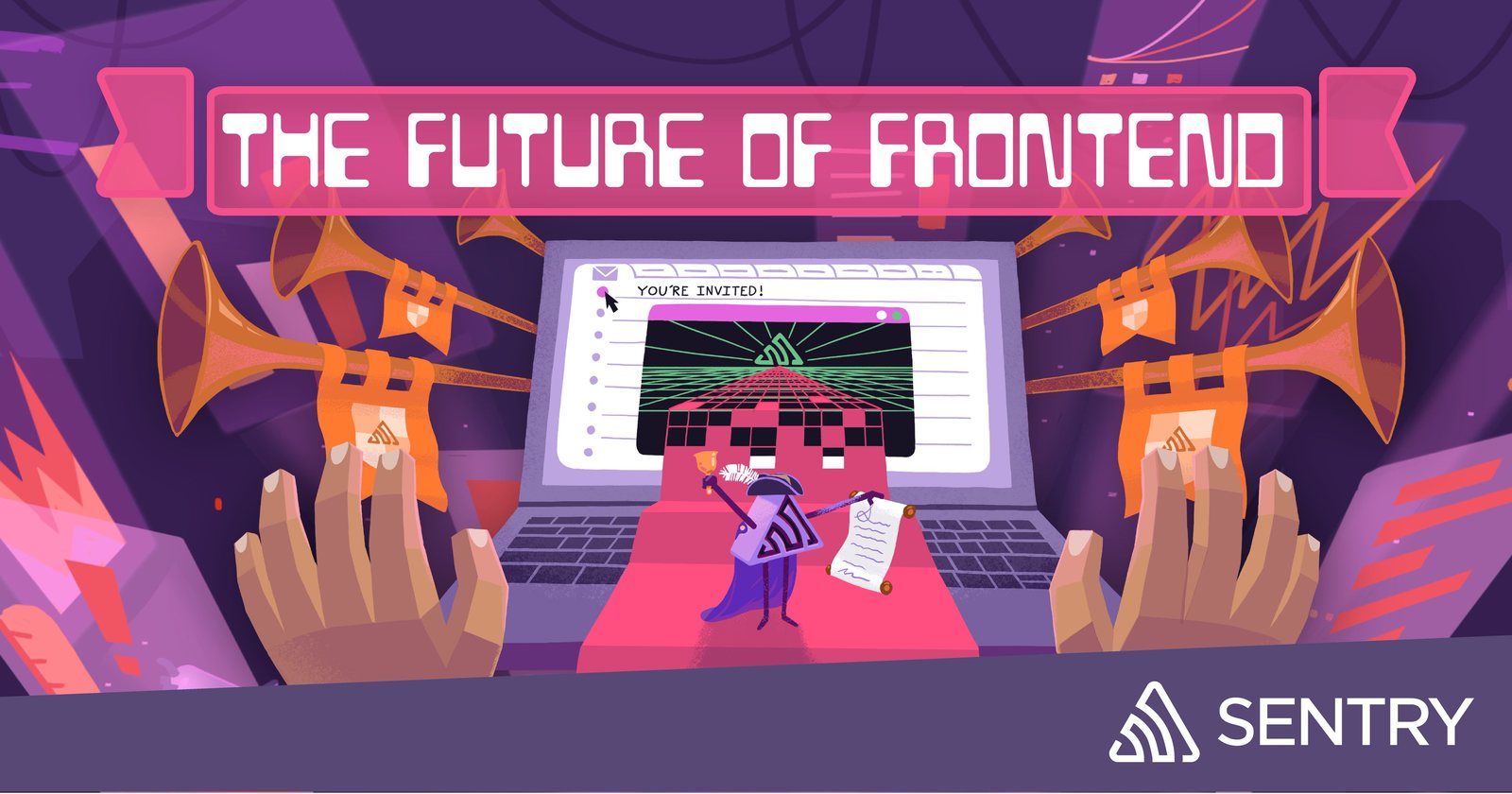 An illustration of two hands playing trumpets over a laptop, under the words The Future of Frontend, with the Sentry logo.