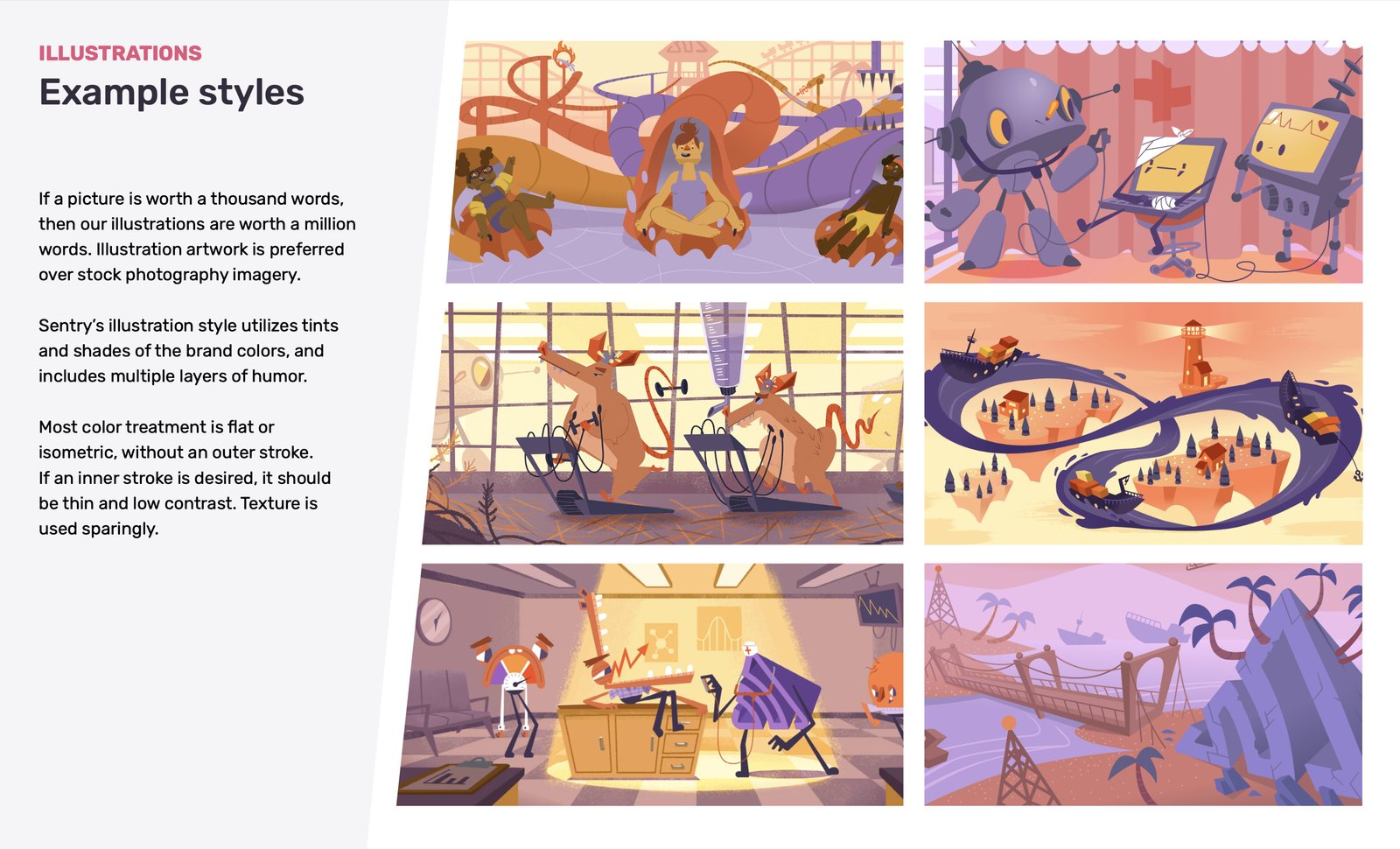 A page from Sentry’s brand guidelines showing six illustrated scenes in purples, oranges and pinks.