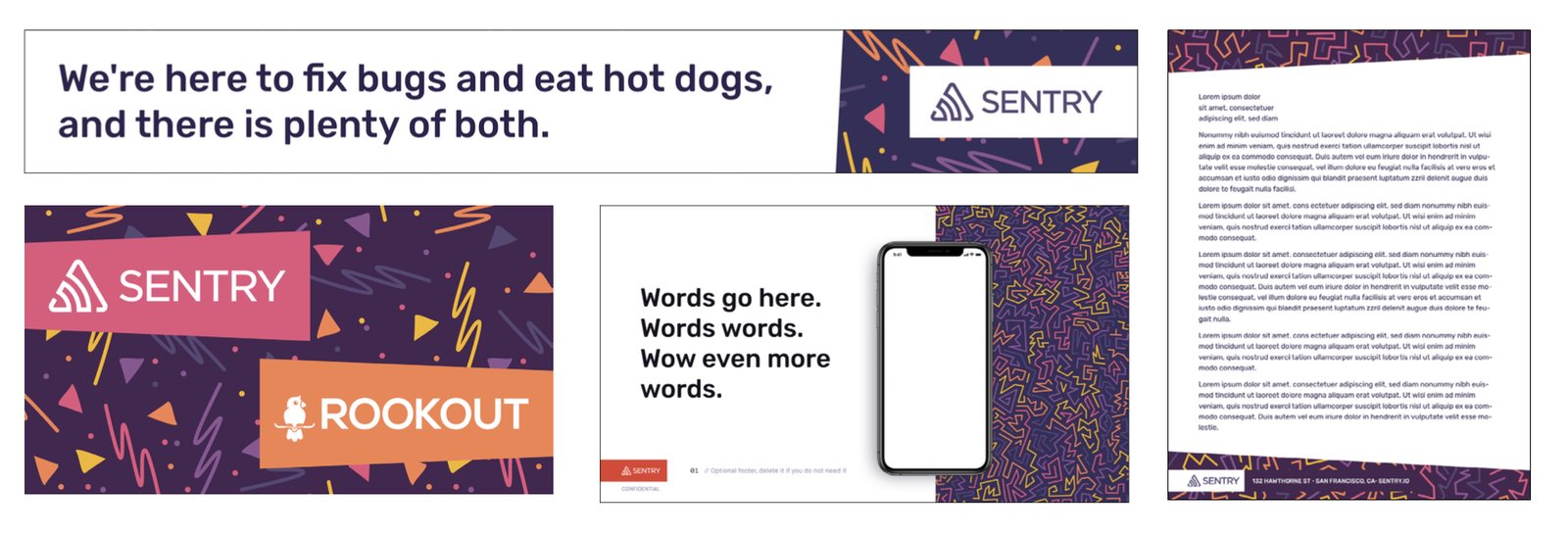 Sentry brand applications in purple and orange patterns, including banners, a phone mockup and a printed page.