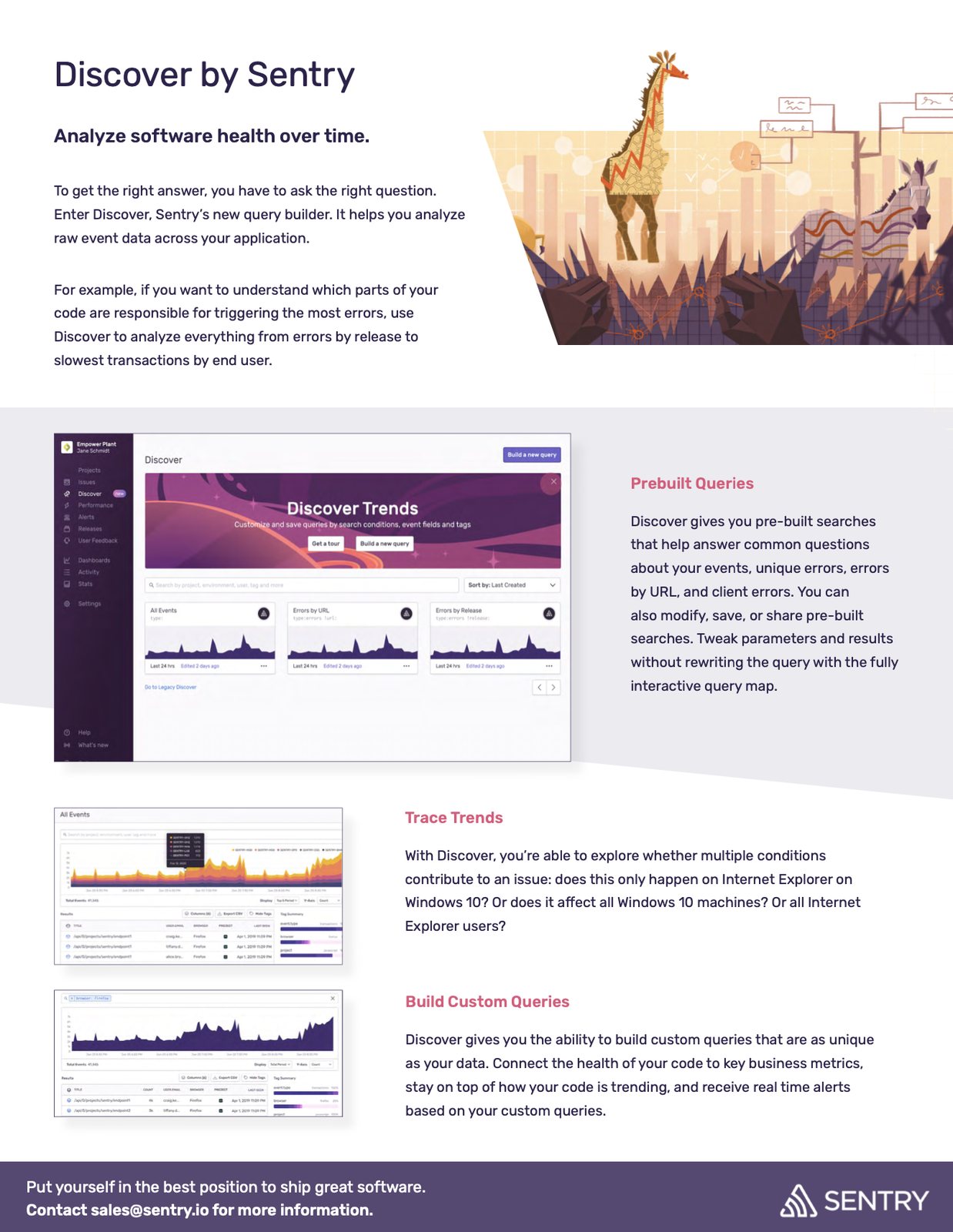 A Sentry whitepaper page titled Discover by Sentry, with a giraffe illustration and product screenshots.