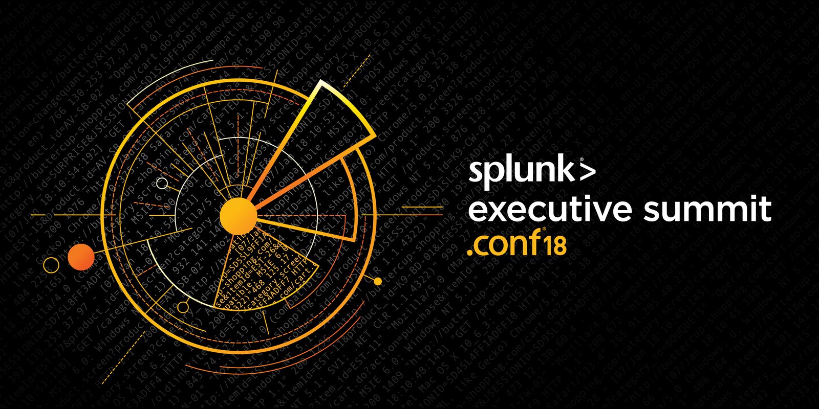 A black graphic with a gold radial chart beside the words splunk> executive summit .conf18.
