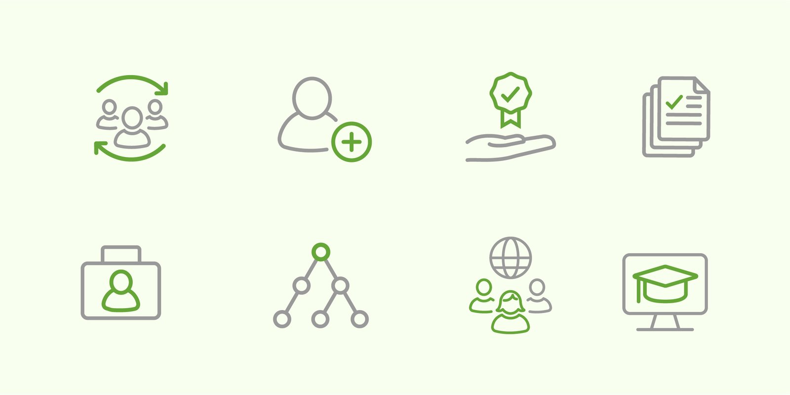 Eight green line icons: people, a person with a plus, a ribbon, documents, a briefcase, a network, a globe with people and a graduation cap.