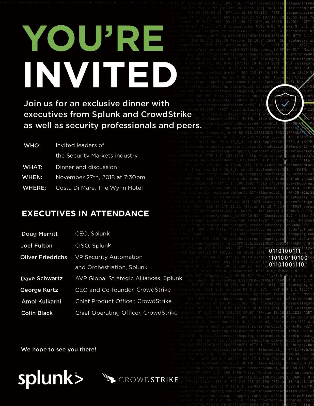 A black invitation reading You’re invited, to an executive dinner with Splunk and CrowdStrike.
