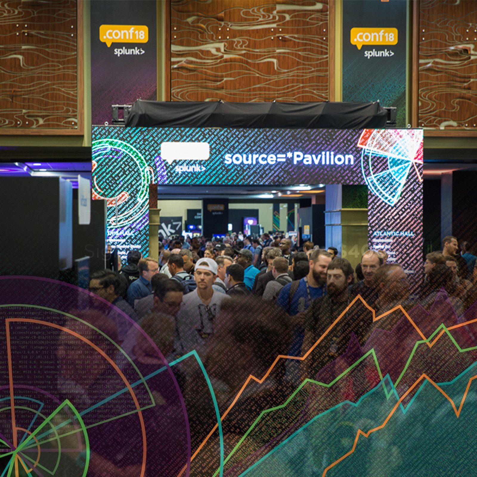 A crowd walking through a lit-up arch reading source=*Pavilion, under .conf18 banners.