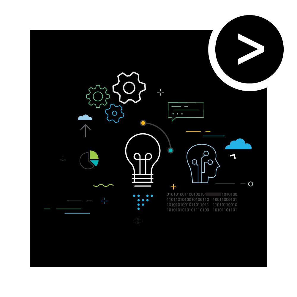 A line illustration on black of gears, a lightbulb and two heads, over a faint code pattern.